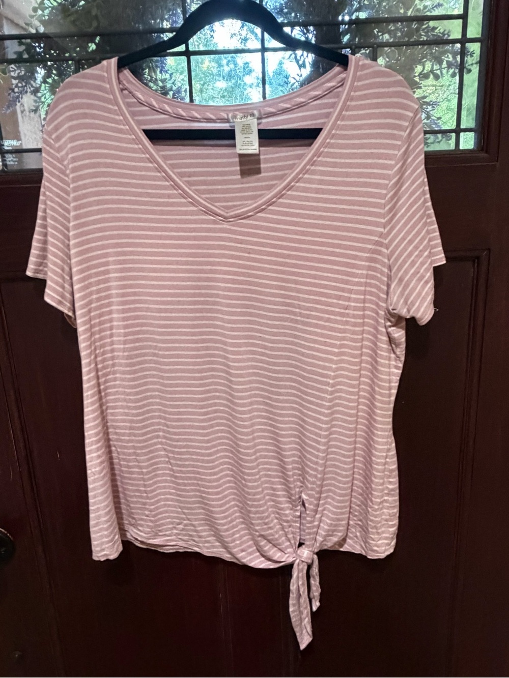 Women's Light Pink Striped V-Neck Tie-Front Short Sleeve Tee